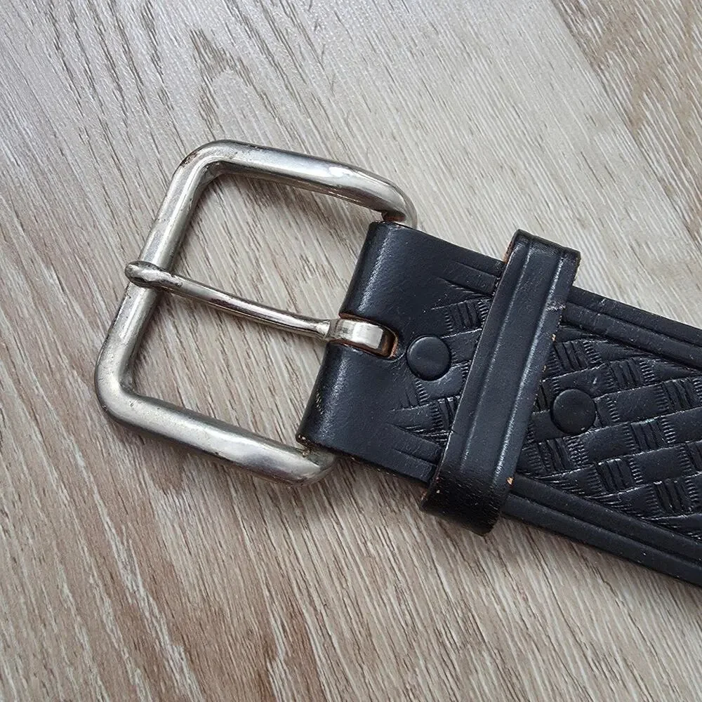 Vintage Chambers Phoenix Black Embossed Leather Belt Faux Woven sz 30 Retro
